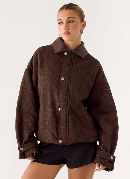 Myles Herringbone Bomber Jacket - Chocolate Herringbone