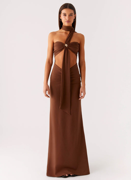 Olive Bloom Maxi Dress - Chocolate