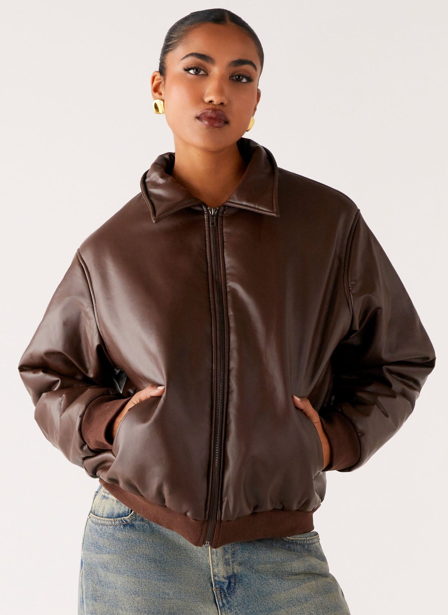 Outlands Faux Leather Bomber Jacket - Chocolate