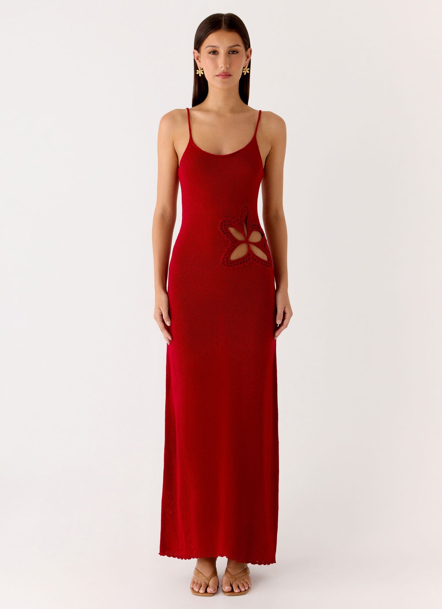 Palm Breeze Flower Crochet Maxi Dress - Burnt Red