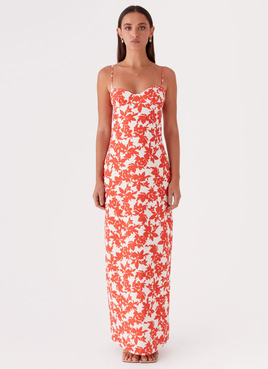 Forbidden Floral Bustier Maxi Dress - Red Floral