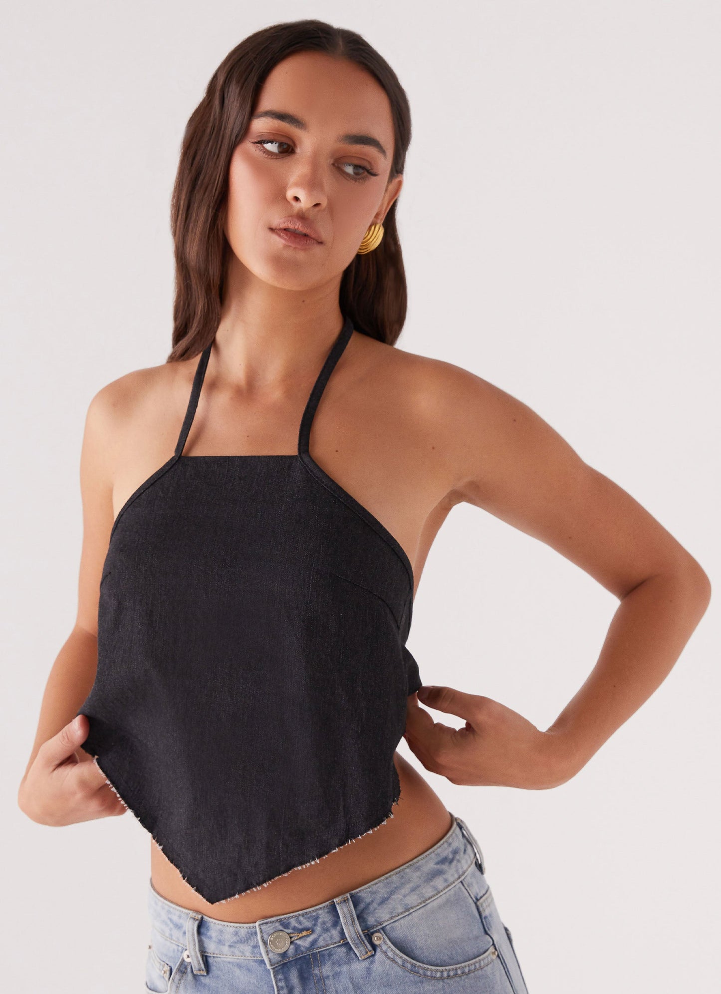 Rexi Halter Denim Top - Washed Black