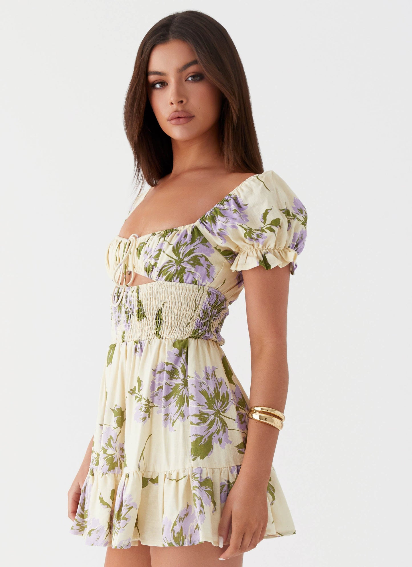 Every Reason Linen Mini Dress - Yellow Purple Floral