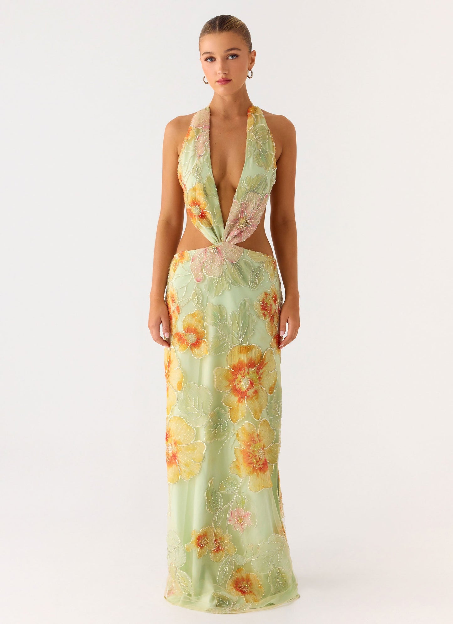 Really Something Beaded Maxi Dress - Green Floral Beaded