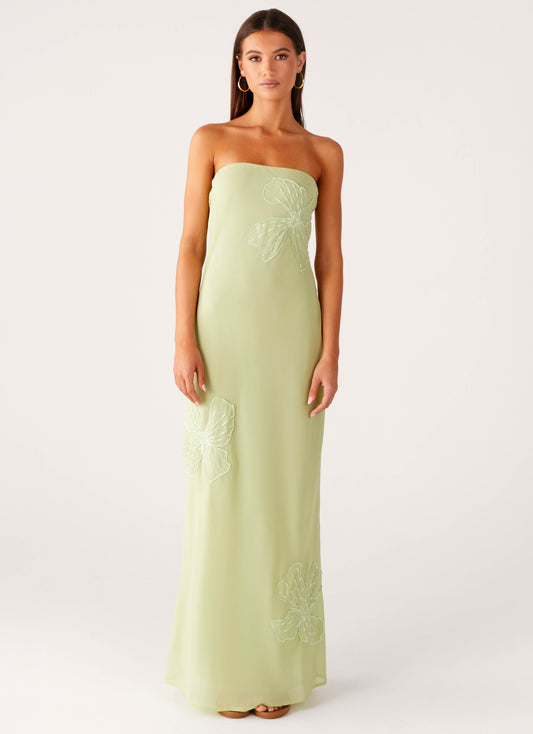 Sassafras Beaded Flower Strapless Maxi Dress - Lime