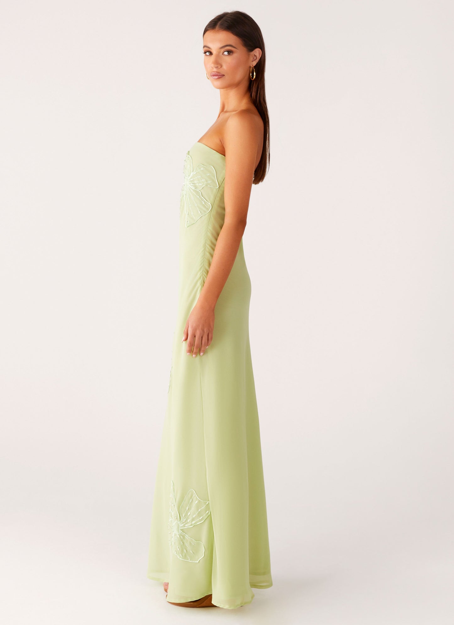 Sassafras Beaded Flower Strapless Maxi Dress - Lime