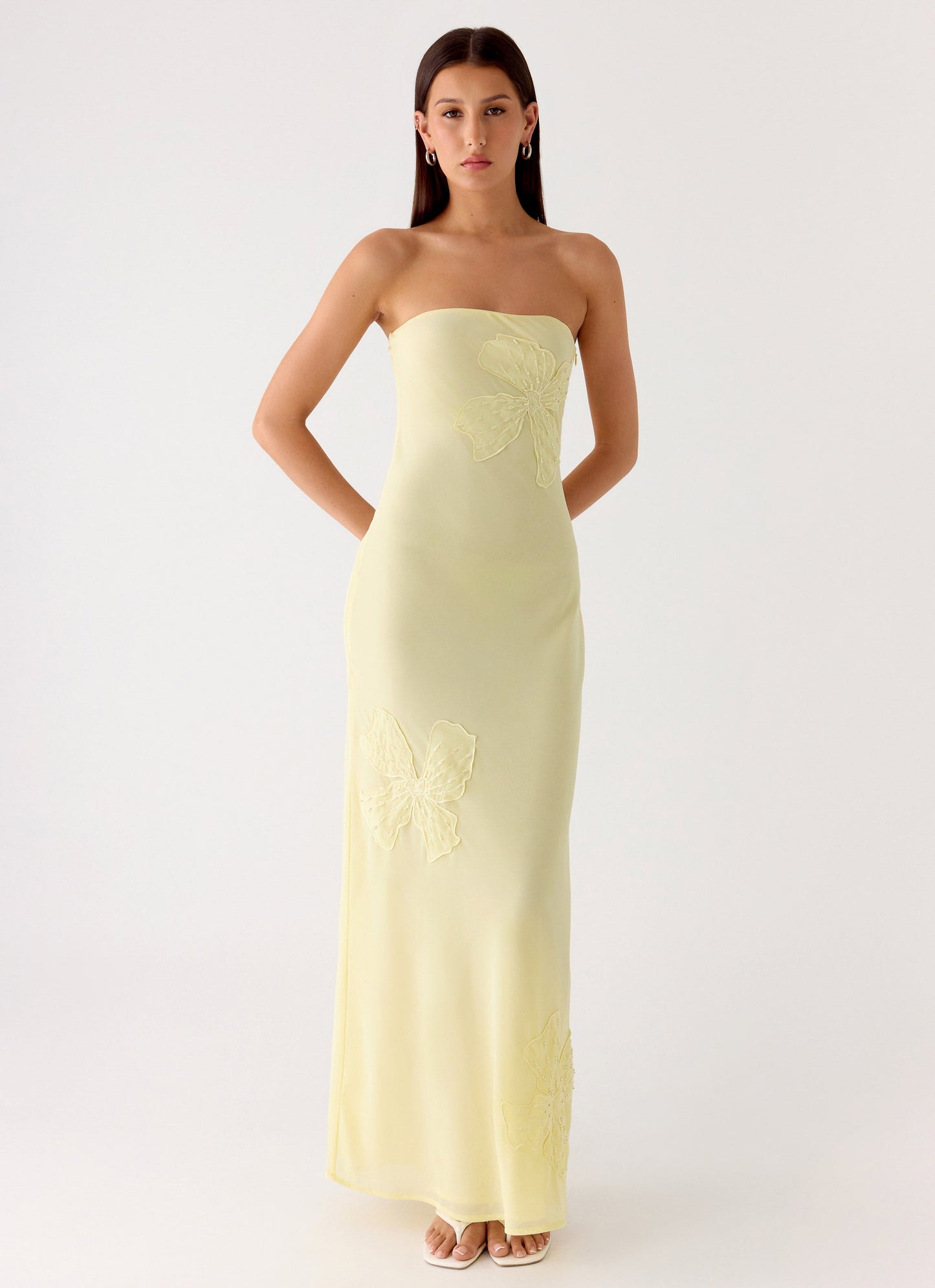 Sassafras Beaded Flower Strapless Maxi Dress - Yellow