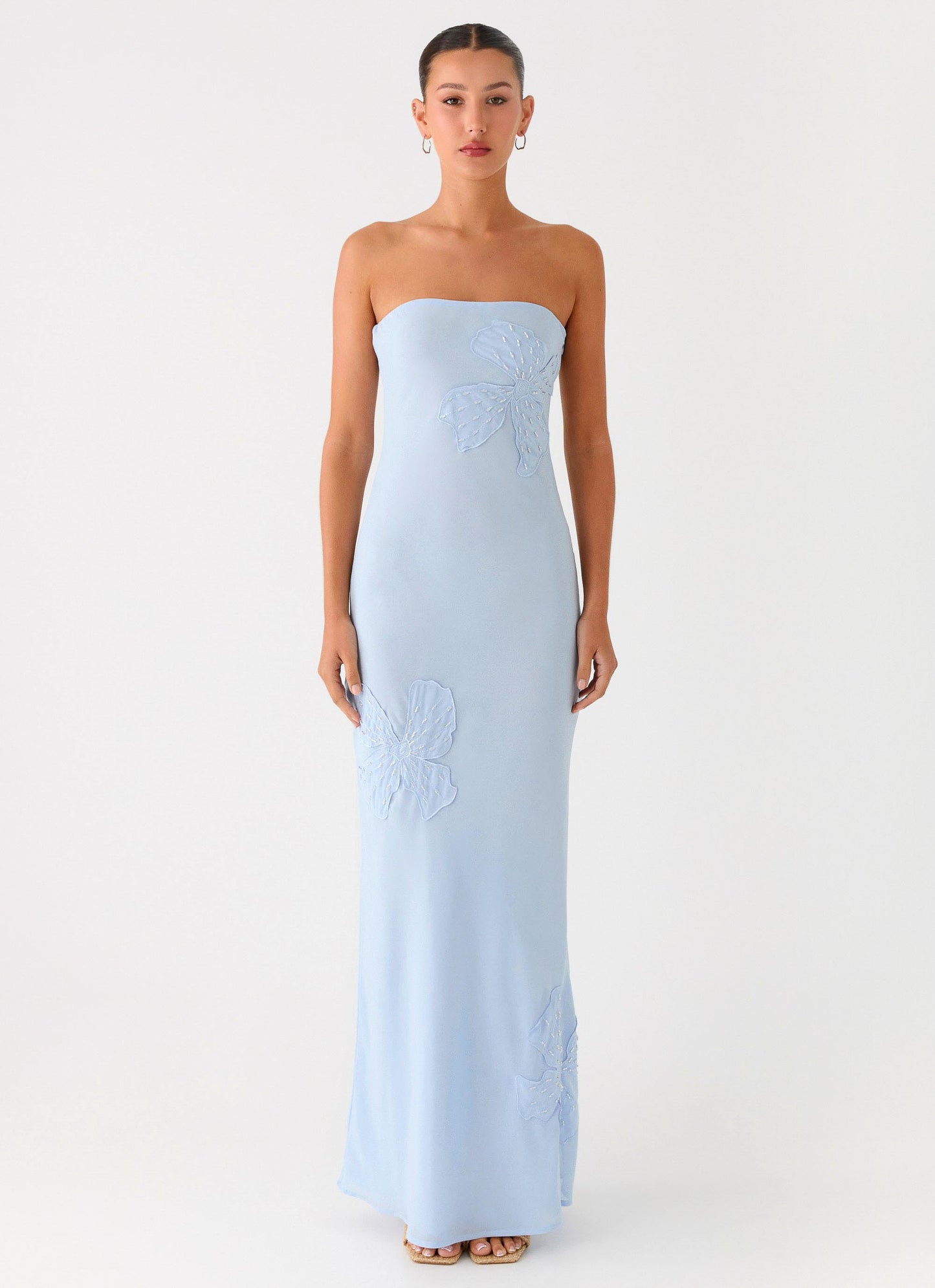 Sassafras Beaded Flower Strapless Maxi Dress - Blue