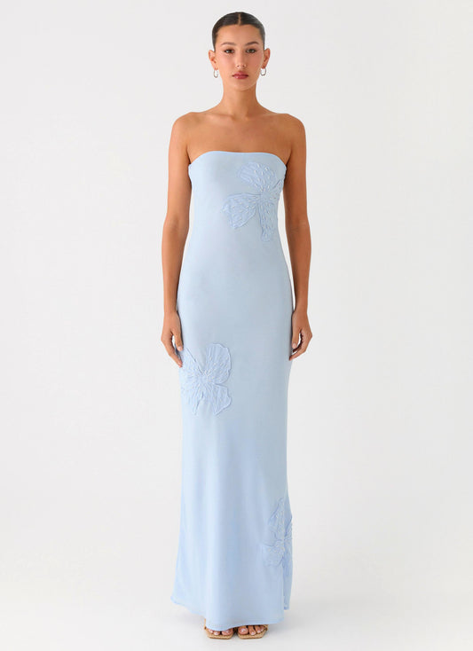 Sassafras Beaded Flower Strapless Maxi Dress - Blue