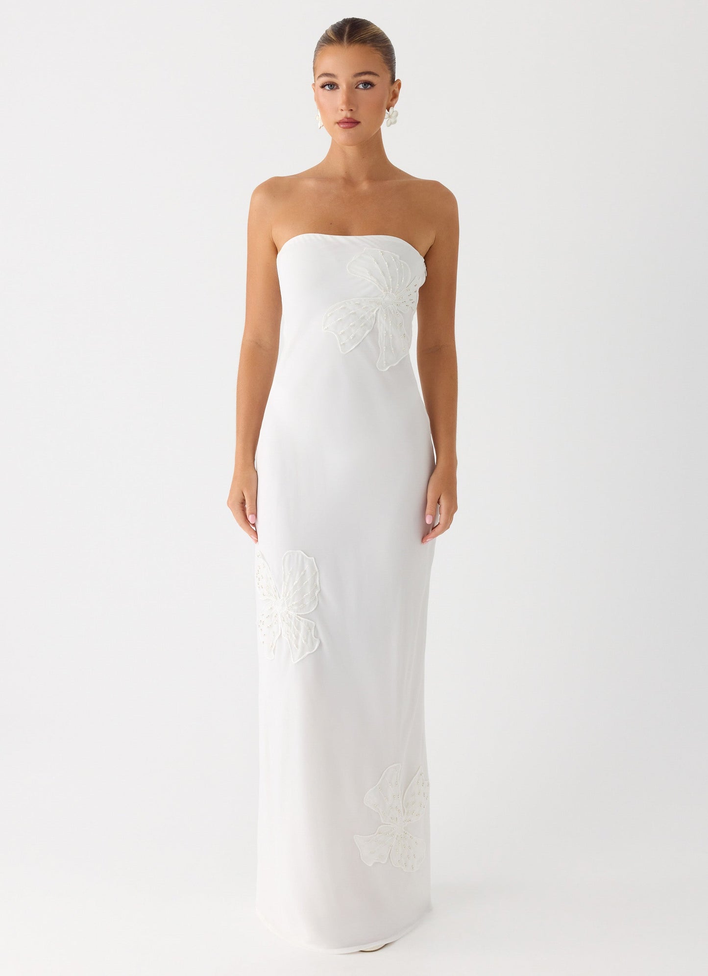 Sassafras Beaded Flower Strapless Maxi Dress - White