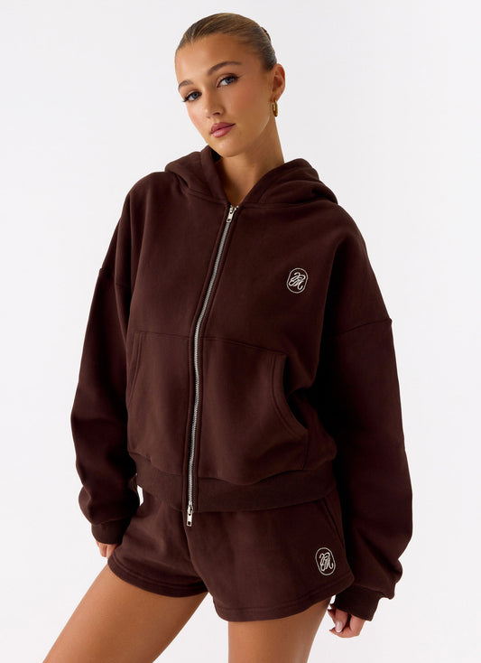 Signature Double Zip Up Hoodie - Chocolate