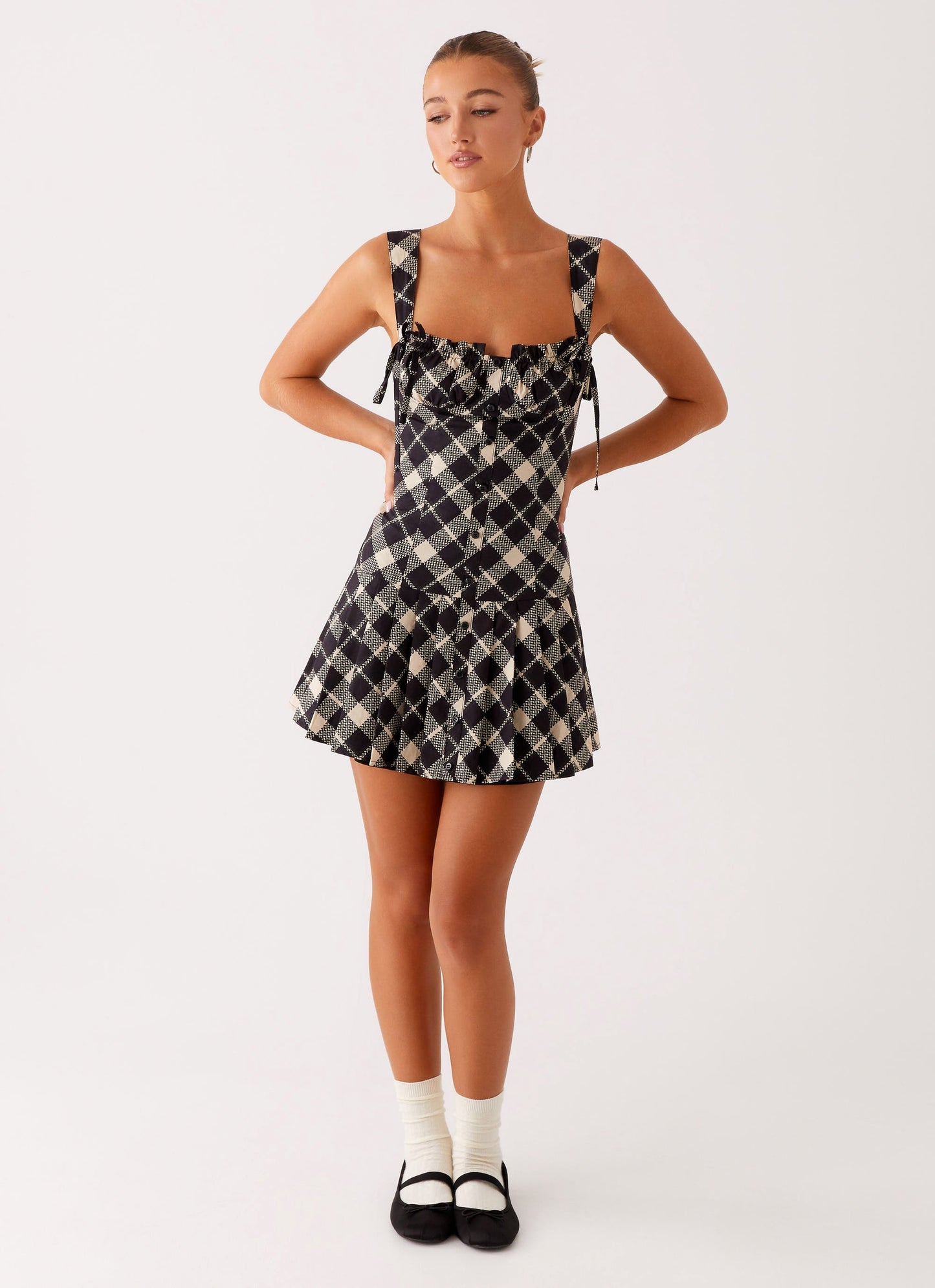 Tuni Cotton Mini Dress - Taupe Check