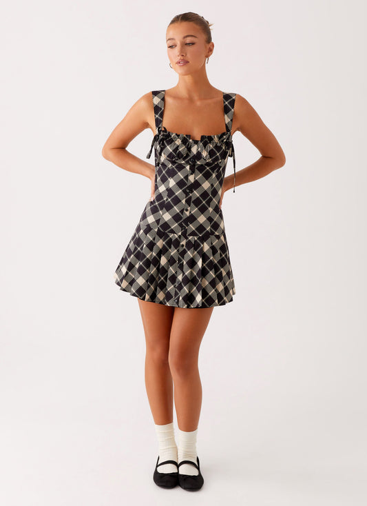 Tuni Cotton Mini Dress - Taupe Check