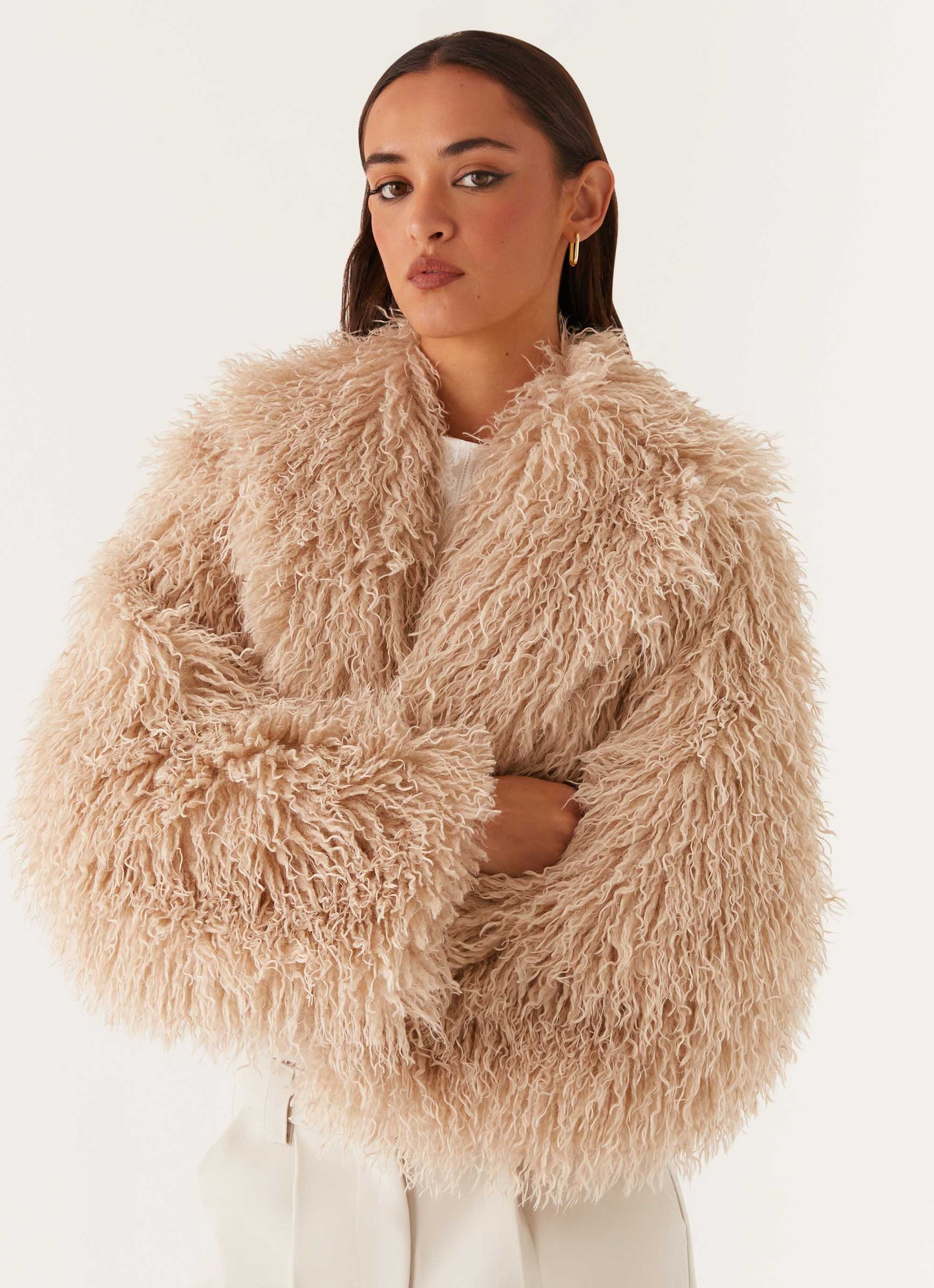 Virginia Cropped Faux Fur Jacket - Taupe