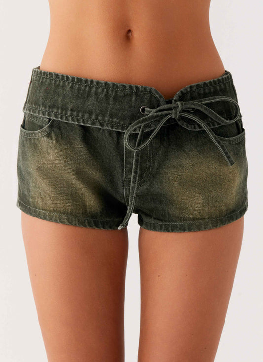 Vivia Denim Micro Shorts - Washed Khaki