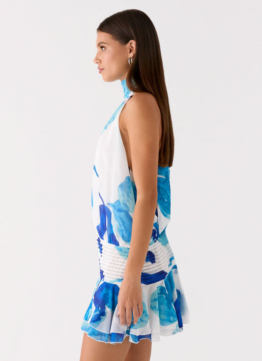 Willow Chiffon Mini Dress - Cerulean Bloom