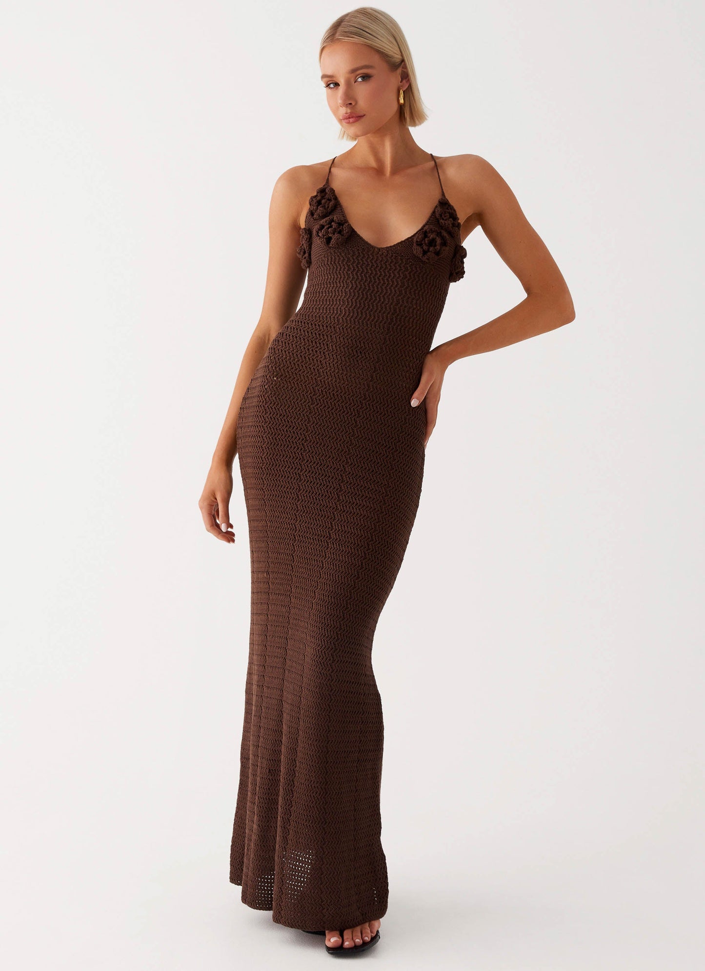Zara Rose Crochet Maxi Dress - Chocolate